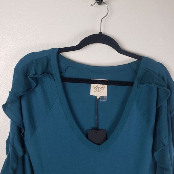 Chaser Teal Ruffle Sleeve V-Neck Sweater - Picture 3 of 10